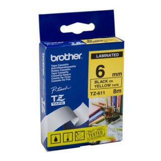 Brother TZe-611 / 6mm Black Text On Yellow Laminated Labelling Tape - 8 Metres