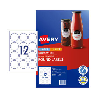 Avery Label Gloss Round L7105 White 60mm - 12Up Pack 10