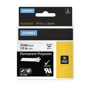 Dymo Rhino Black on White 12mm Industrial Polyester Tape - 12mm x 5.5m (18483)